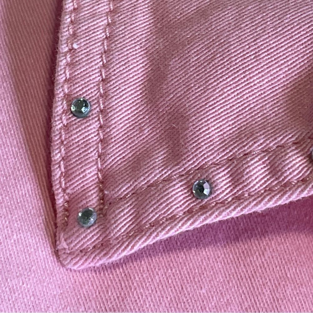 Quacker Factory Denim Button Down Jacket Distressed Rhinestone Hearts Pink S - Picture 10 of 15